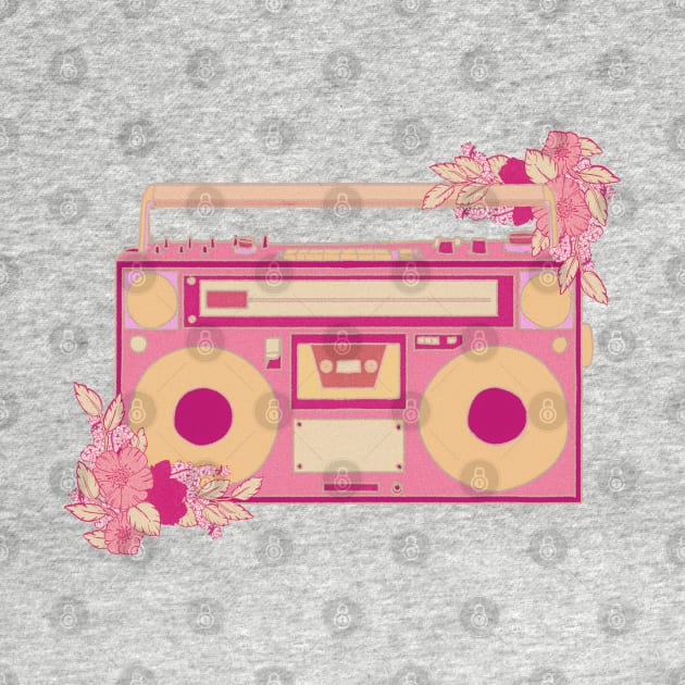 Vintage retro kawaii cassette portable media player radio stereo sticker pink and green with flowers by astronauticarte